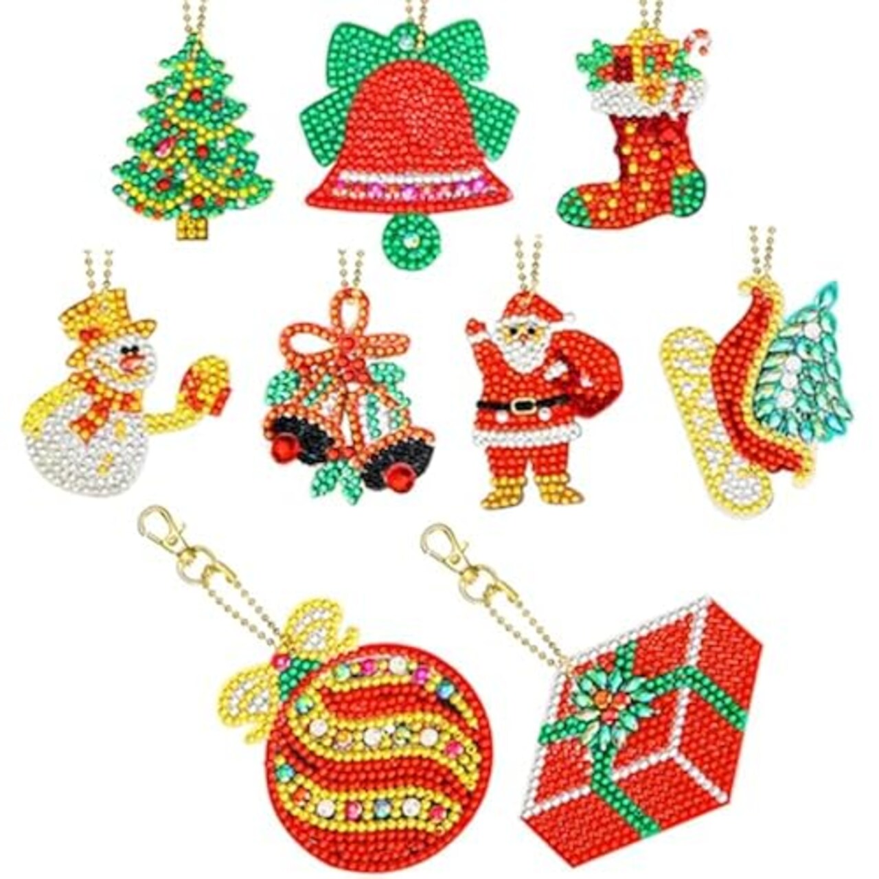 9 Pieces Double Sided Christmas Diamond Art Ornaments 5d DIY Christmas Diamond Painting Keychain Kits for adults Diamond DIY Key Ring Art Pendant Christmas Tree for DIY Christmas Holiday Decor